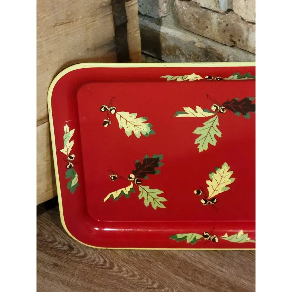 Vintage Mid Century Red Metal Serving Tray Oak Leaves Acorns Fall Autumn TV Lap